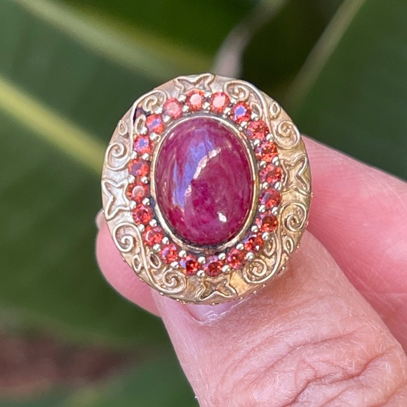Genuine ruby and orange garnet 18KGP on 925 silver ring - Picture 2 of 11
